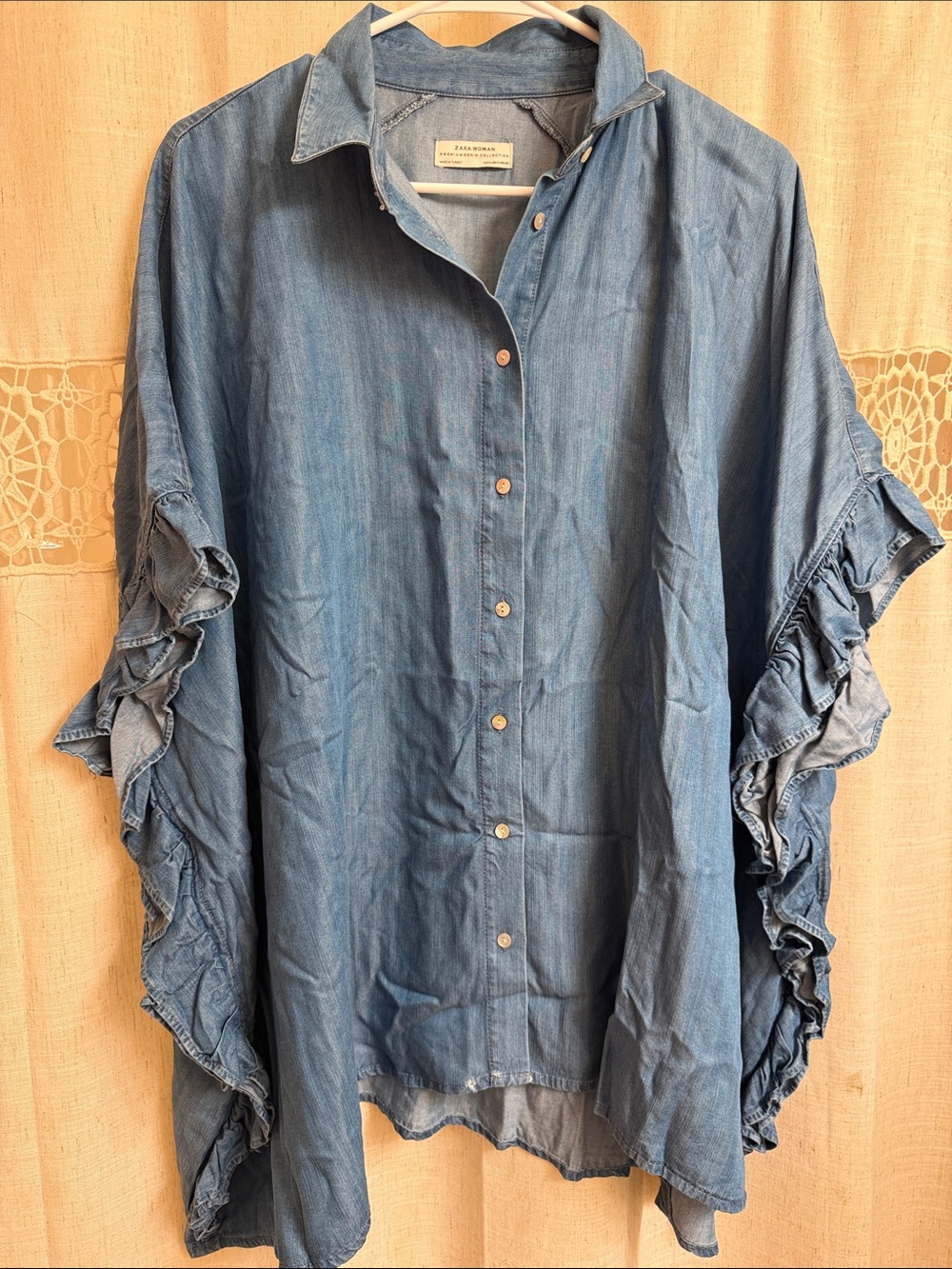 Zara Blue Denim Top with Ruffled Sleeve